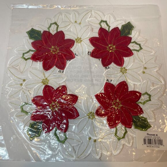 Christmas Table Topper With Red Poinsettias & White Floral Embroidery 15" Round - Picture 2 of 5